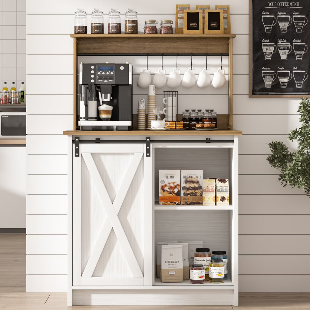 Catrimown Coffee Bar Cabinet, Barn Door Sideboard Buffet Cabinet with Storage, White