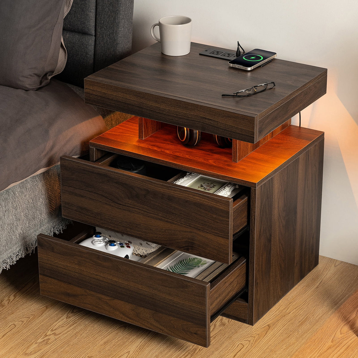 Hommpa LED Nightstand with Wireless Charging Station Modern Nightstand Type C USB Port 2 Drawers Bedside Table Black Smart Night Table High Gloss End Side Table for Bedroom Furniture 22.3" Tall