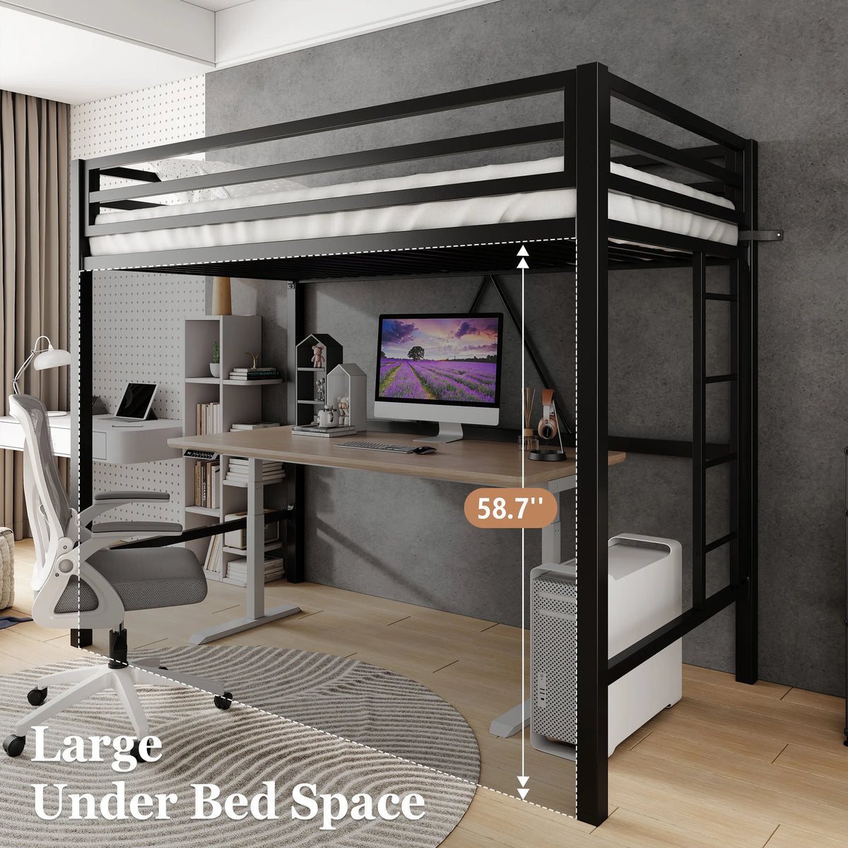Amolife Twin Size Heavy Duty Metal Loft Bed with Removable Ladder & Full-Length Guardrail, Black