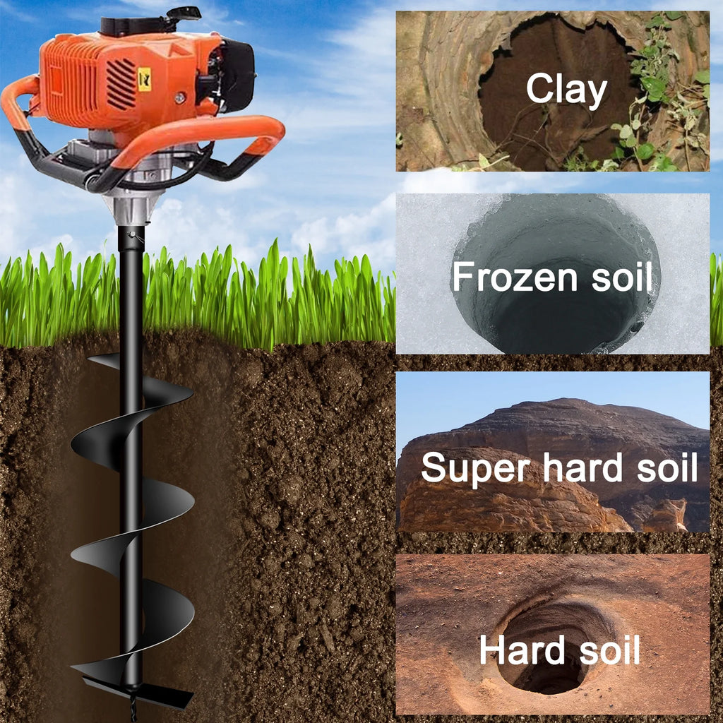PRIJESSE Gas Powered Earth Digger Post Hole Digger with 3 Extension Rods + 3 Auger Drill Bits