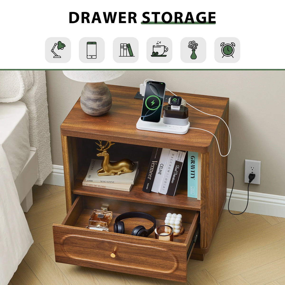 YOCWO 3 Drawer Nightstand, Classic Chest of Drawers with Arc Edge, Walnut