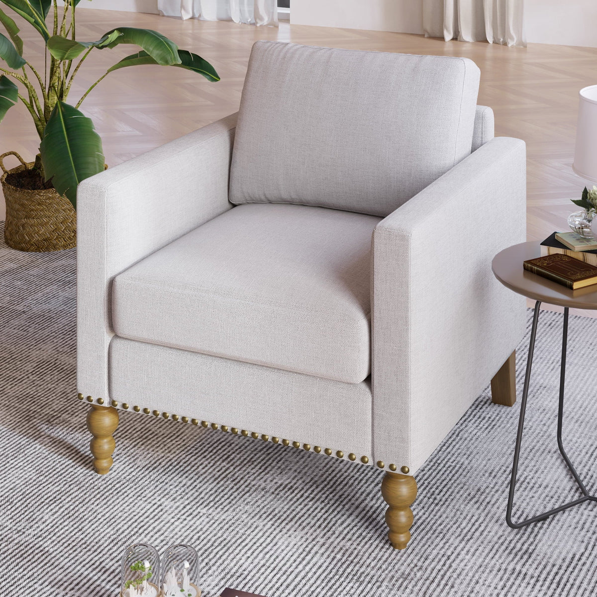 SYNGAR Accent Chair for Living Room, Bedroom Comfy Reading Armchair, Mid Century Modern Arm Chair Soft Linen Upholstered Cozy Side Single Sofa Chair Nailhead Trim Decor Relaxing Seating, Beige