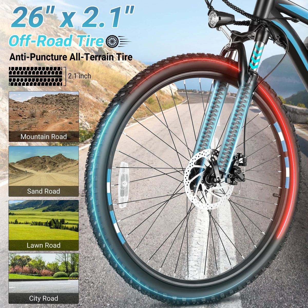 Gocio 26" Electric Bike for Adults, 500W Electric Mountain Bike, 48V 7.8Ah Removable Battery, Ebike with Front Fork Suspension, 21 Speed, UL 2849