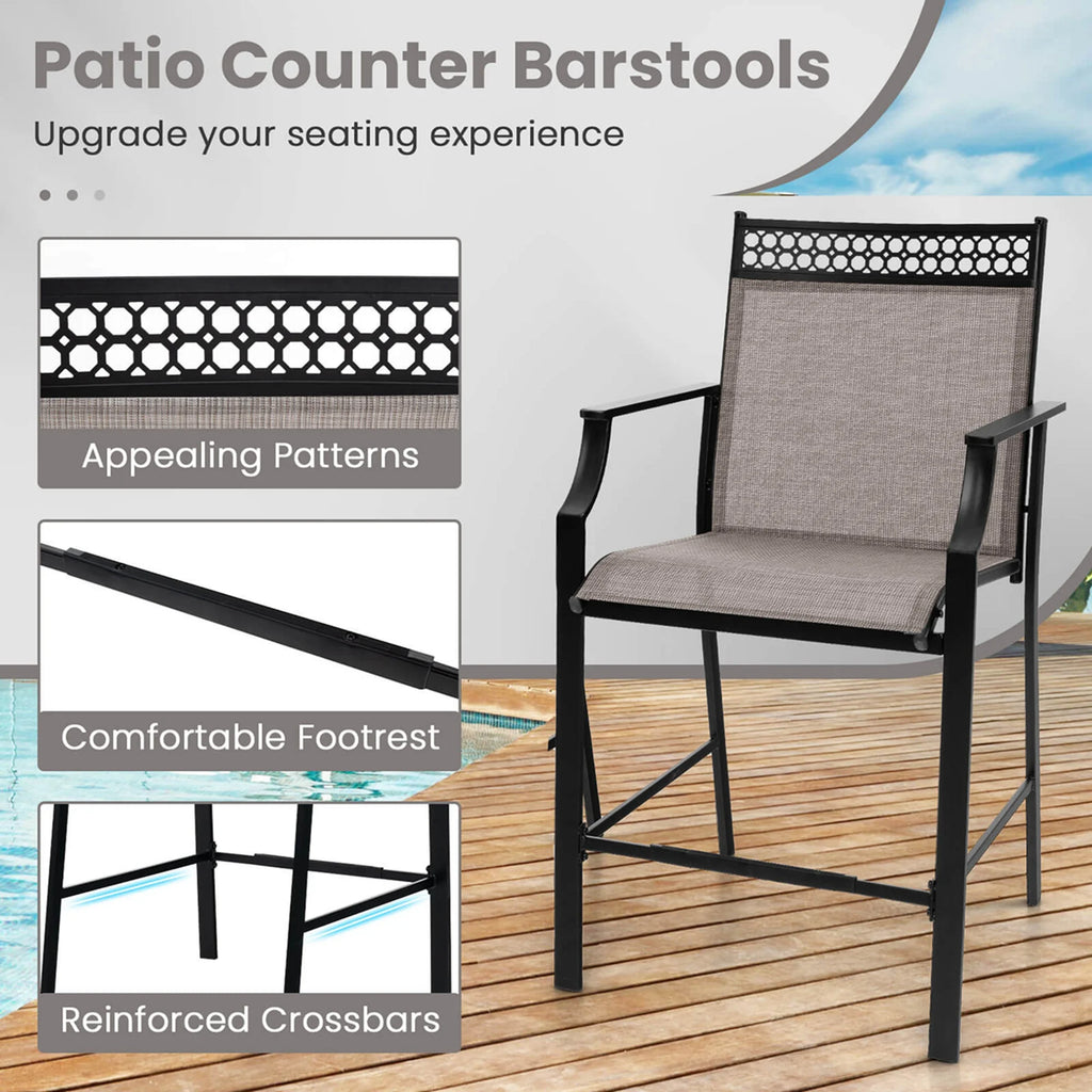 Costway Outdoor Counter Stools Set of 2 with Footrest & Armrests Metal Frame for Backyard Blue