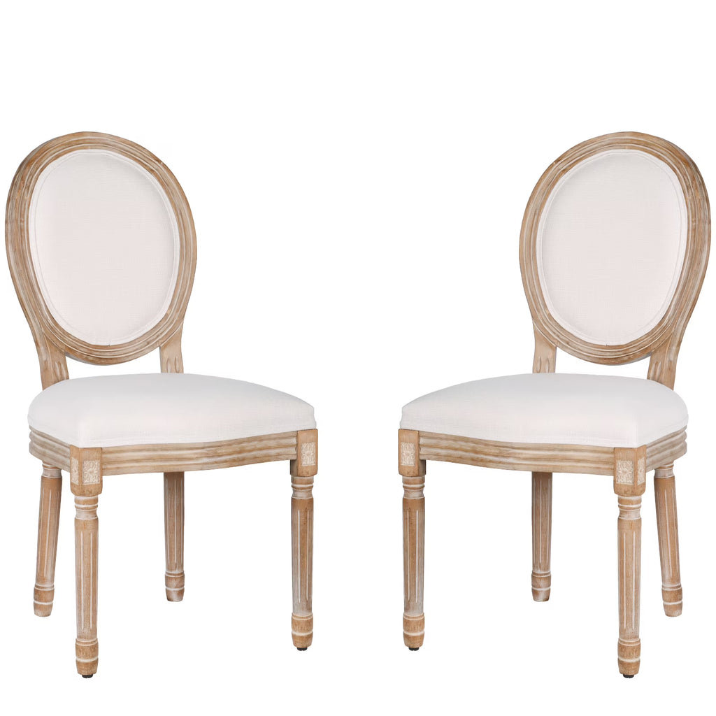 French Dining Chairs Set of 2 Beige Natural Fabric Round Back with Solid Wood Legs and Frame for Bedroom Dining Room Kitchen