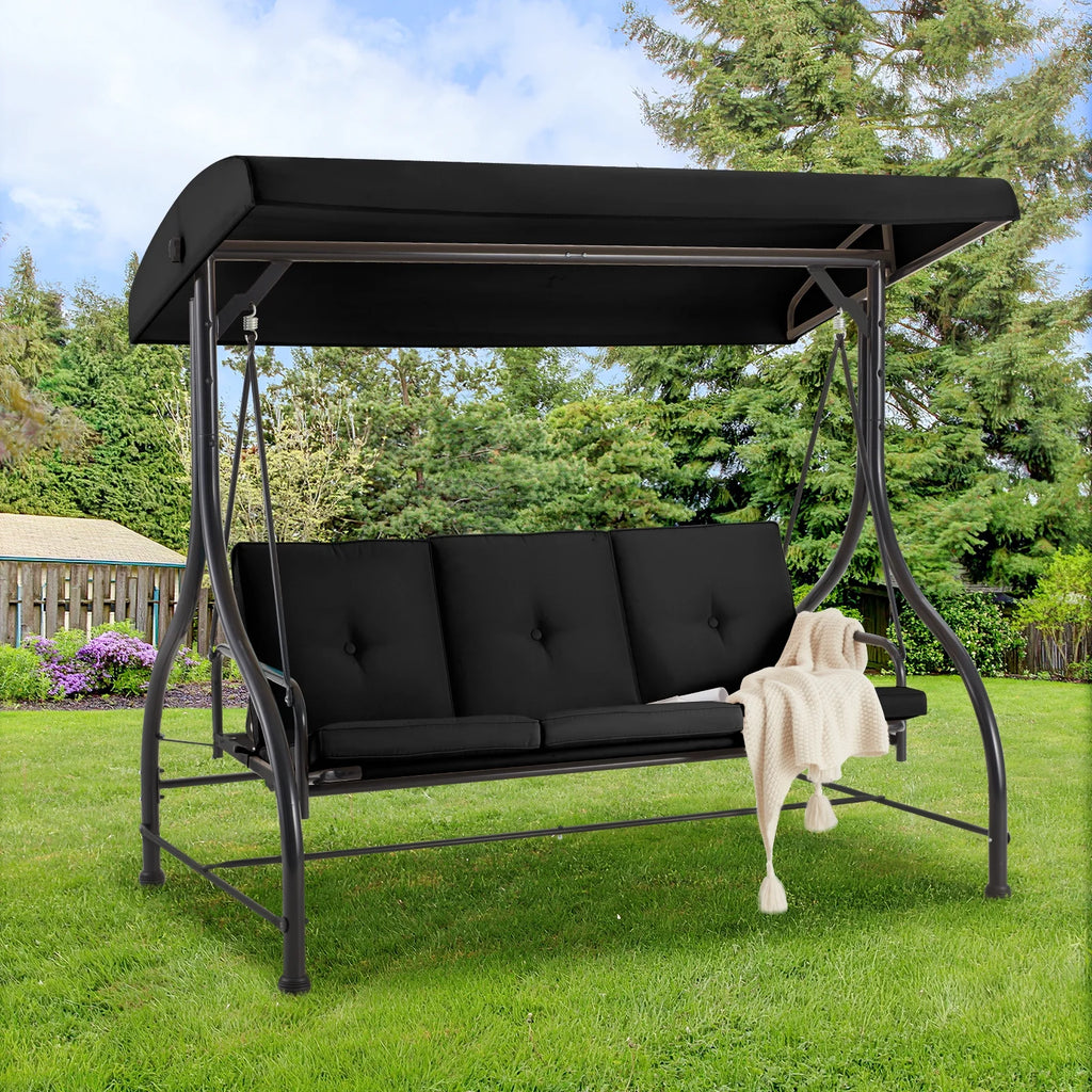 AECOJOY 3 Person Canopy Steel Porch Swing, Converting Swing Glider Hammock-Beige