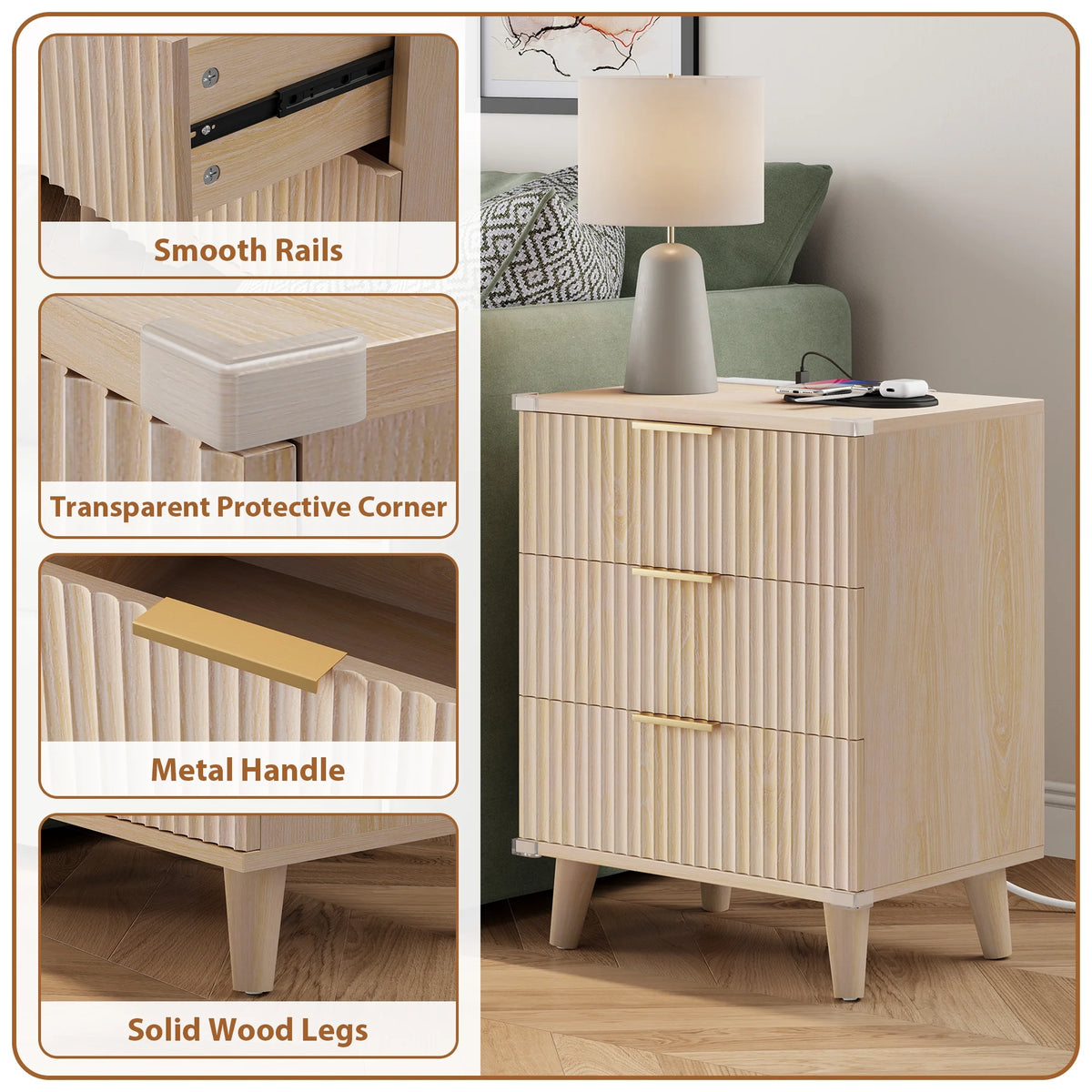 GIKPAL Night Stands for Bedroom, Modern Bedside Table with 3 Drawers & Charging Station,Fluted Panel End Tables for Bedroom  & Living Room, Natural