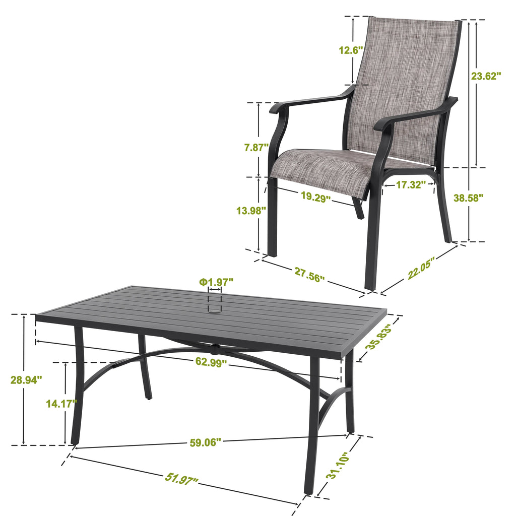 Nuu Garden 7 Piece Patio Dining Set, Rust-Resistant Aluminum Outdoor Dining Set, Include 6 Textilene Chairs and Rectangle Dining Table with Umbrella Hole, Grayish Brown
