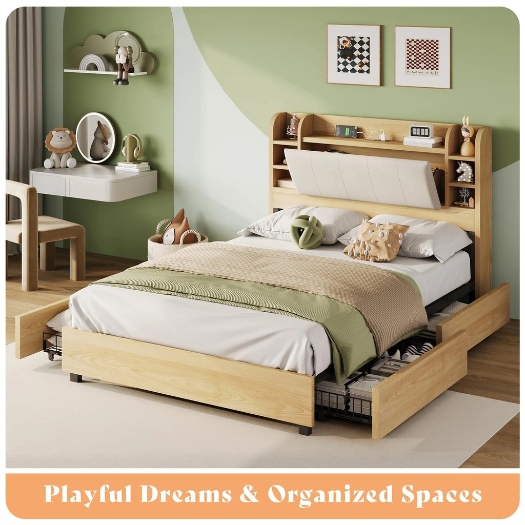 PLAUIN King Size Bed Frame with Storage Drawers, 47.2" Headboard and Wooden Platform, Grey
