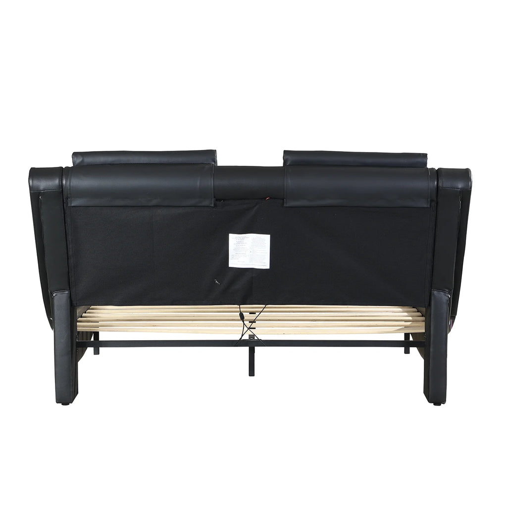 OYang King Size Platform Bed Frame wth LED Light And USB Charging Ports Headboard, Wave-Like Curve Backrest Vibration Massage Upholstered Faux Leather Bed for Home