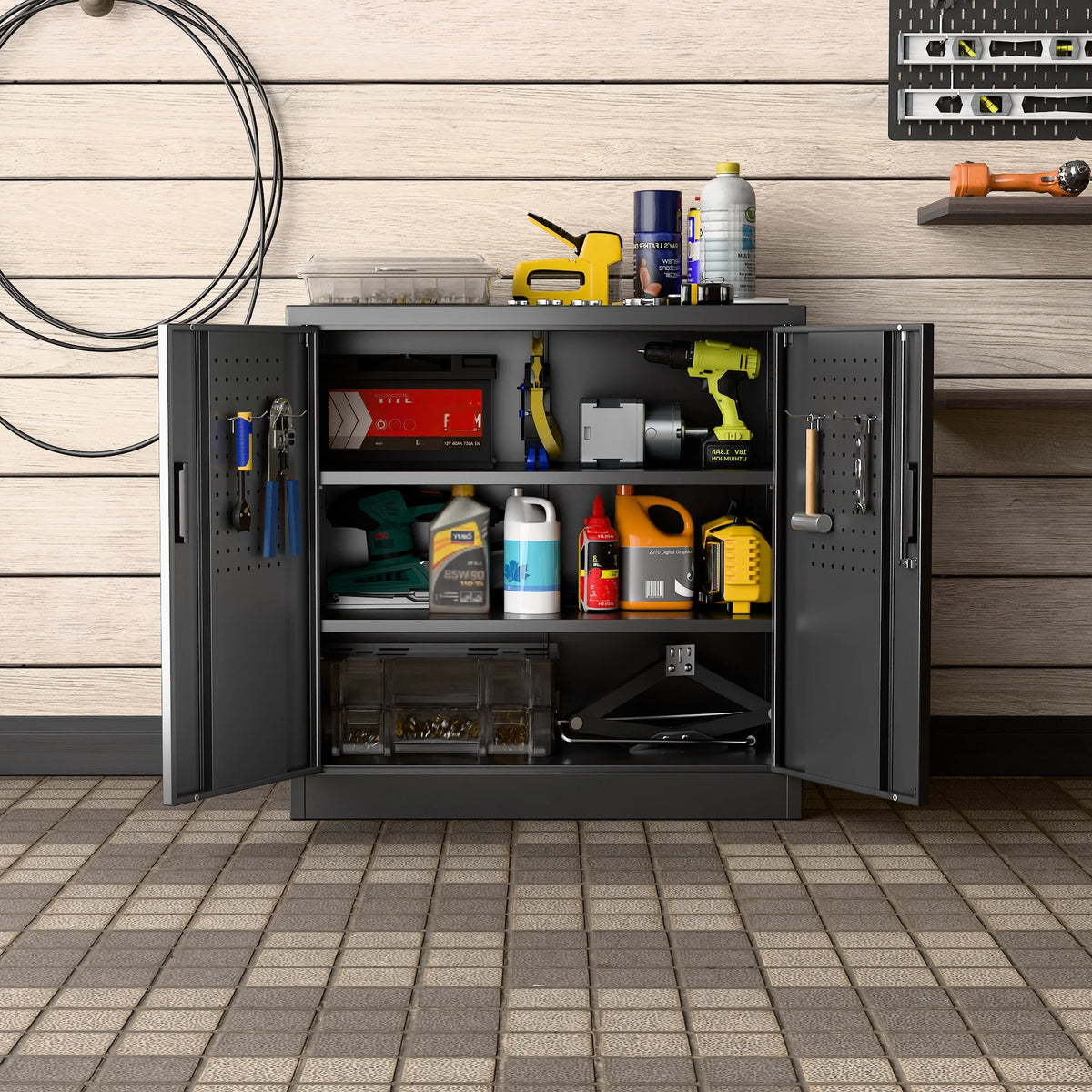 Supeer Locking Storage Cabinet with 5 Adjustable Shelves, Steel, Black, 71" H, Assemble Required