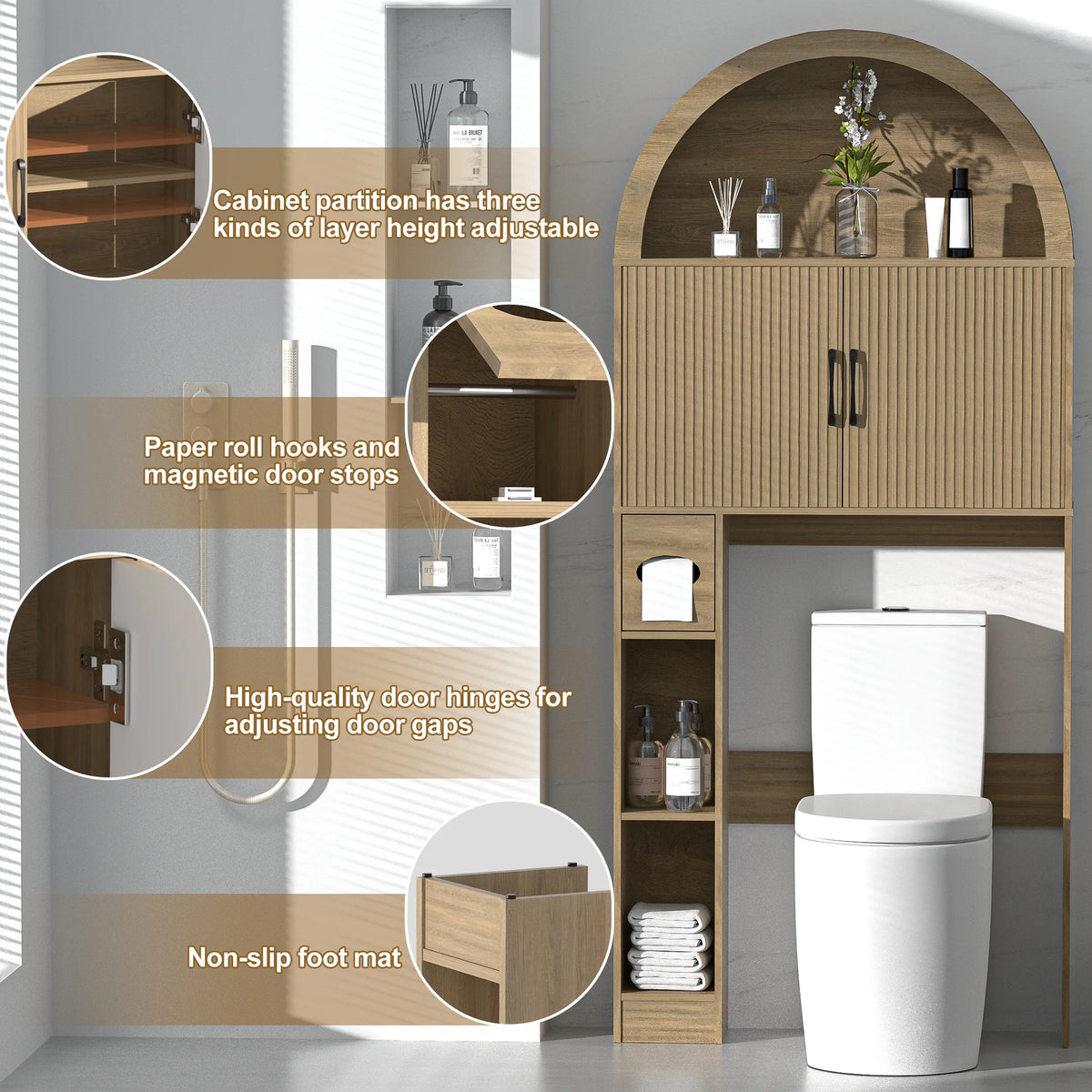 HARIPUL Over The Toilet Storage Cabinet w/ Unique Wood Grain & Arc Design, Freestanding Bathroom Shelf Organizer Space Saver w/ Doors & Anti-Tip Device, Wood Color