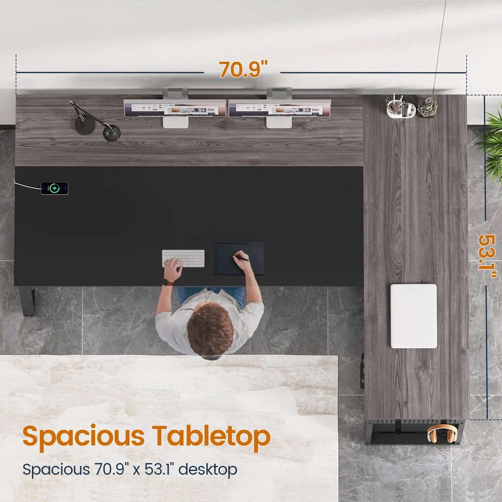 71" Executive Desk with Power Outlets, Modern L Shaped Office Desk with File Drawers and Pegboard, Large Computer Desk, Rustic Brown