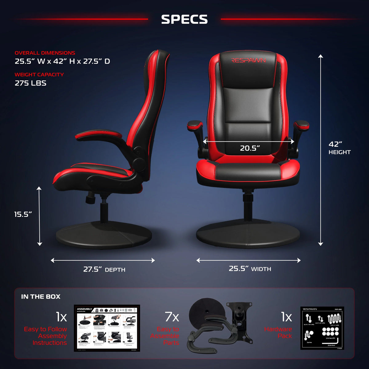 RESPAWN 800 Swivel Rocker Gaming Chair - Ergonomic Floor Gaming Seat with Lumbar Support, Flip Up Armrest, High Back, Pedestal Base, Comfortable No Wheels Console Video Game Rocker Chair - Red