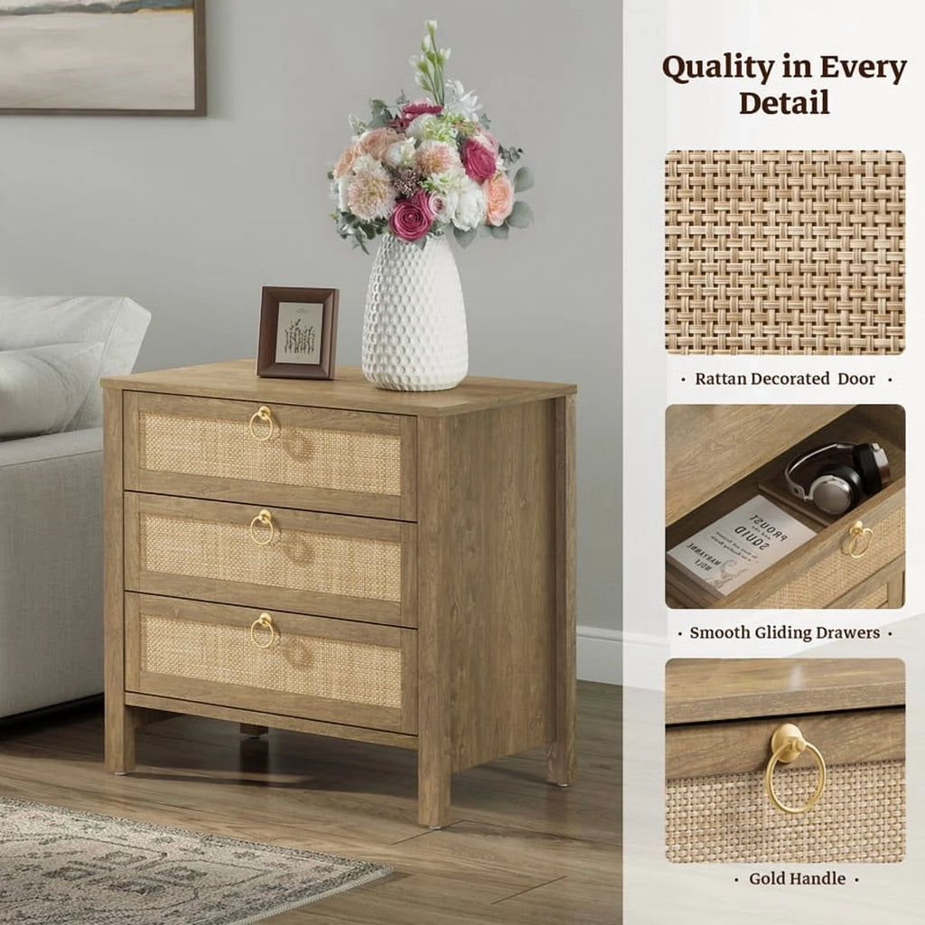 Surmoby Oak Boho 3-Drawer Nightstand Set of 2 - Extra Wide Storage Night Stand with Gold Handles Large&Tall Bed Side Table for Bedroom Living Room Enterway