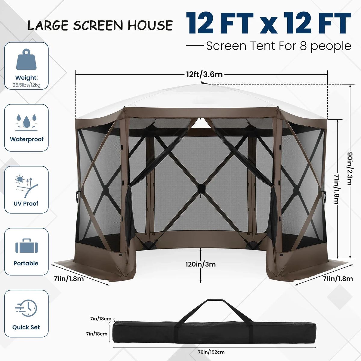 COBIZI 12'x12' Pop-up Gazebo Outdoor Camping Tent with 6 Sides Mosquito Netting, Waterproof, UV Resistant, Portable Screen House Room, Easy Set-up Party Tent with Carry bag, Ground Spike, Brown