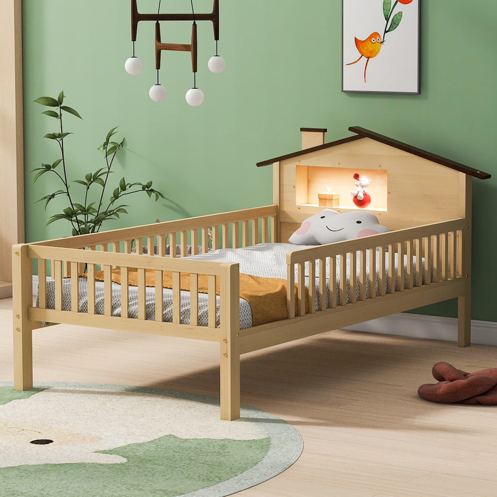 Euroco Wood Twin Size Platform Bed, House Bed with LED Light and Storage, White