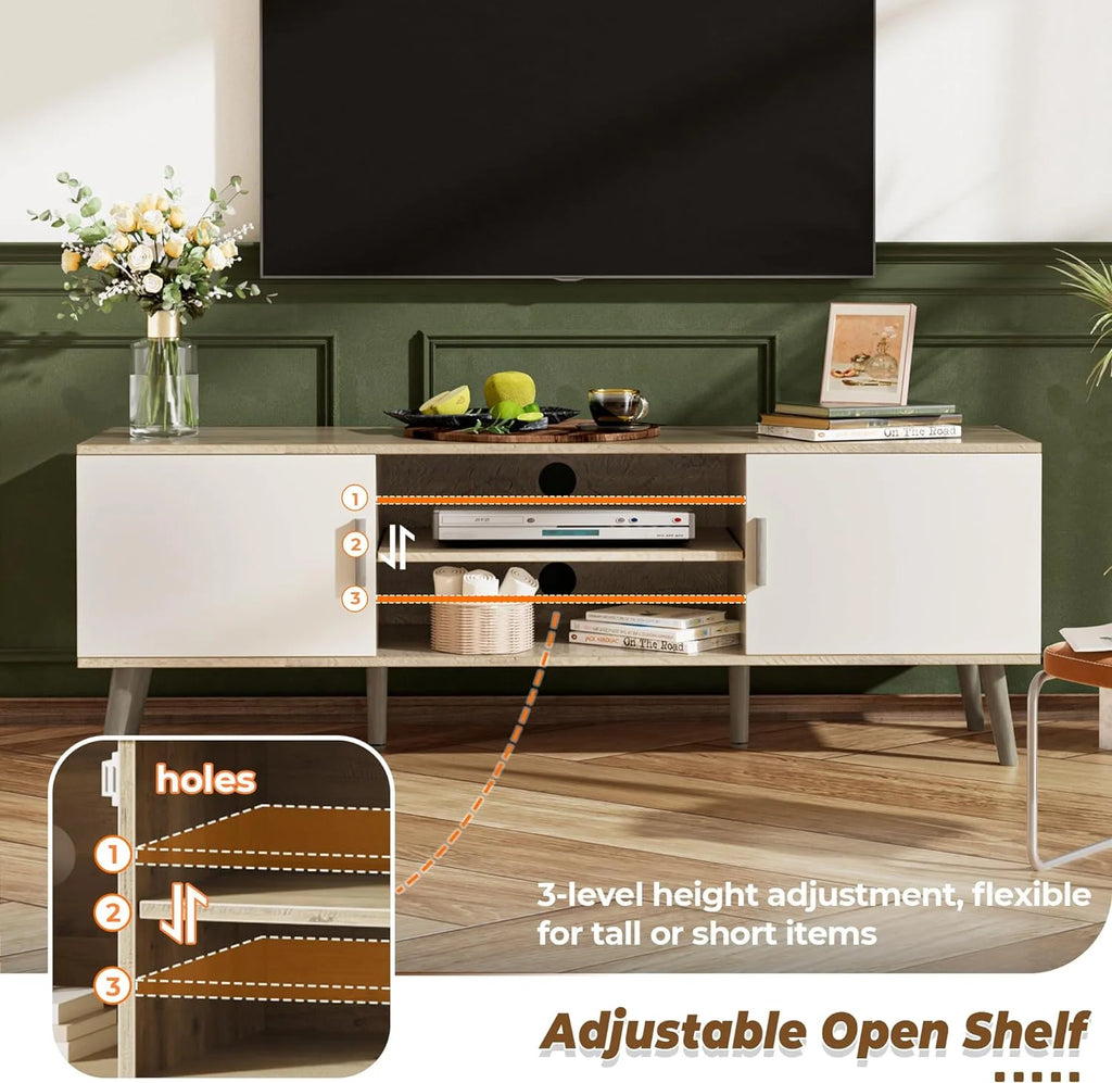 LL TV Stand for 55 Inch TV, Entertainment Center with Adjustable Shelf, 2 Cabinets, TV Console Table, Media Console, Solid Wood Feet, Cord Holes, for Living Room, Bedroom, White