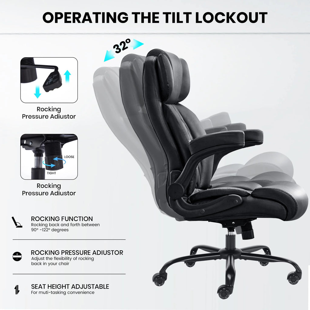 HomeZeer Executive Office Chair, Big and Tall Home Office Chairs 400lbs, High Back Executive Office Chair with Adjustable Flip up Arm, Wide Seat Leather Desk Computer Chairs, Black