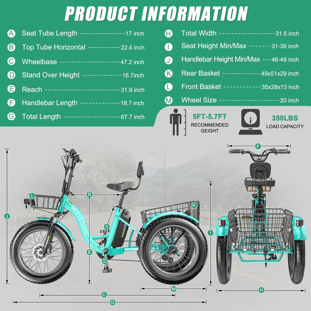 20" x 4" Fat Tire Electric Tricycle for Adult, 7 Speeds Electric Trike 48V 500W Motorized Tricycle , Electric Three Wheels Bicycle for Senior, Aluminum Frame & Rear Basket ,16mph