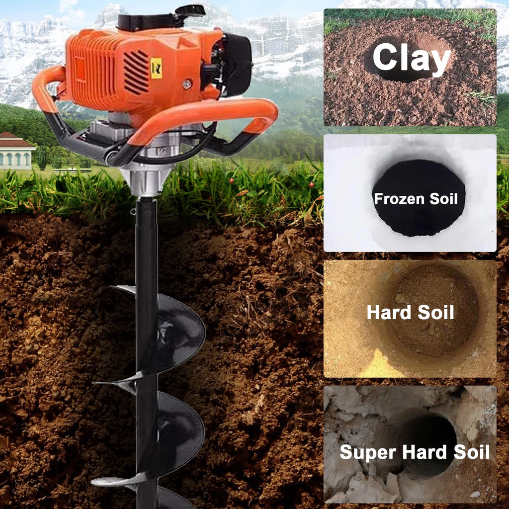 PRIJESSE Gas Powered Earth Digger Post Hole Digger with 3 Extension Rods + 3 Auger Drill Bits