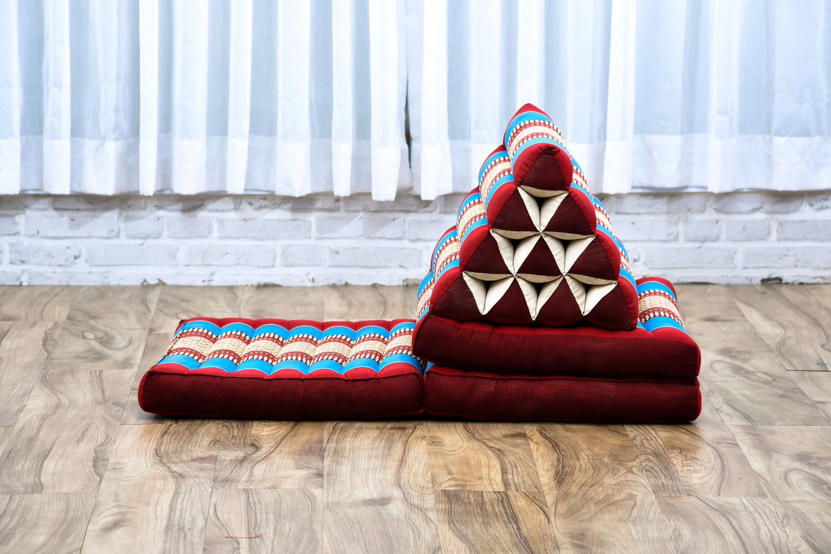 Leewadee - Comfortable Japanese Floor Mattress - Thai Floor Bed With Triangle Cushion - Futon Mattress - Thai Massage Mat,  Blue Red, Kapok Filling