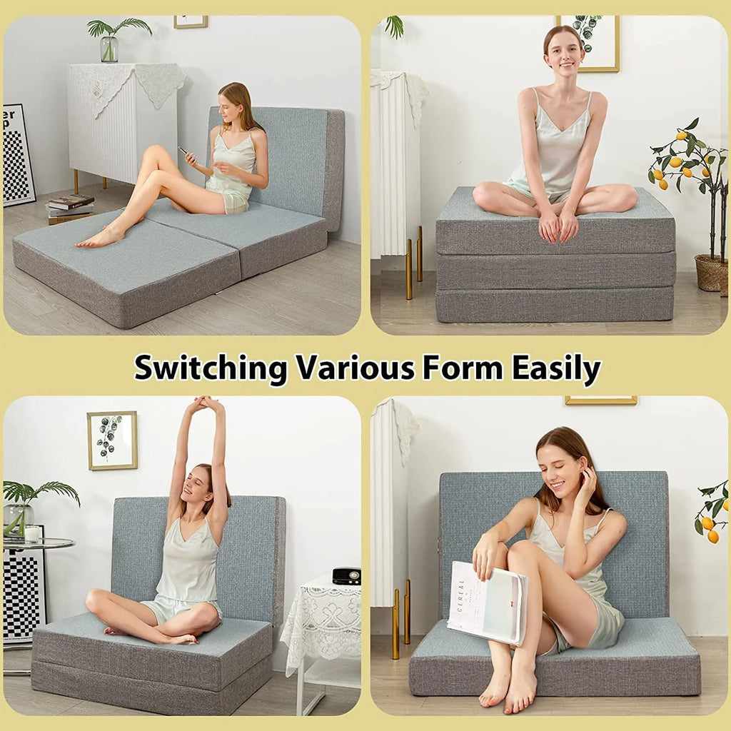 MAXYOYO Foldable Mattress, 6 Inch Foam Trifold Mattress Camping Mattress, Portable Floor Mattress Folding Bed with Washable Cover Cot Folding Mattress for Travel, Van, Guest, Grey, 32x75 Inch