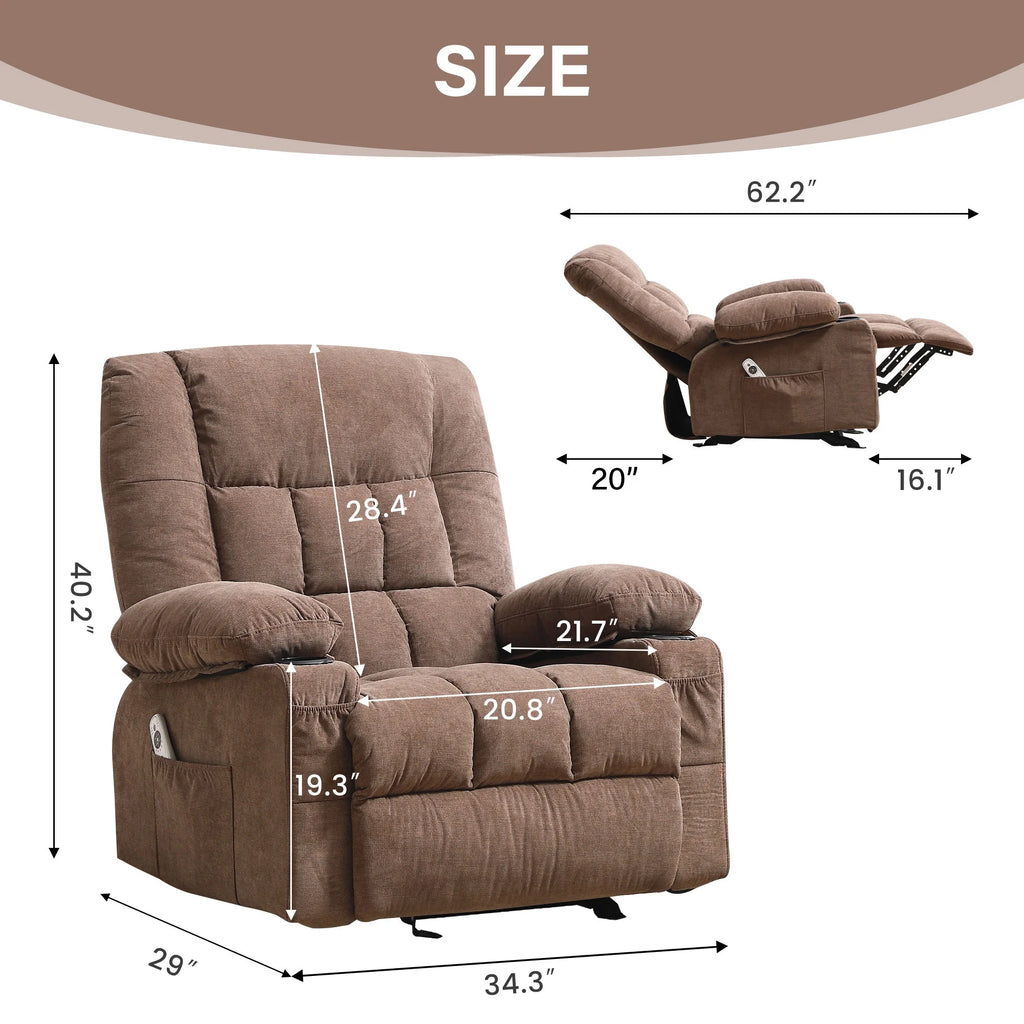 JONPONY Massage Swivel Rocker Recliner Chair with Vibration Massage and Heat Ergonomic Lounge Chair for Living Room with Rocking Function and Side Pocket, 2 Cup Holders, USB Charge Port,Grey