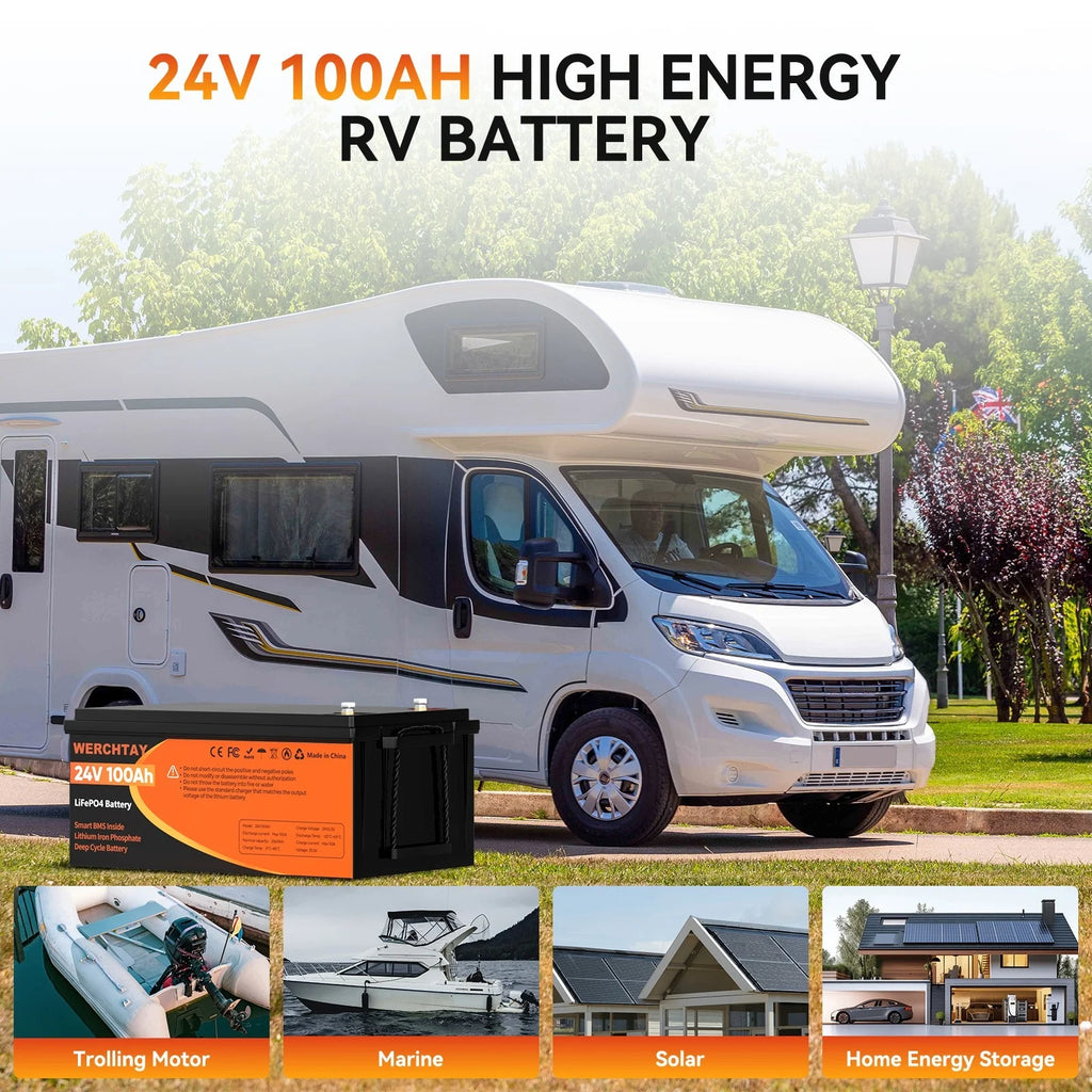24V 100Ah LiFePO4 Battery, Lithium Battery Built-in 100A BMS, 4000 Deep Cycles Rechargeable Battery, Max. 2560W Load Power, Perfect for RV, Solar, Marine, Overland/Van, Off-Grid