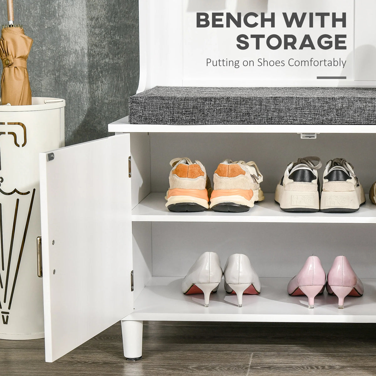 HOMCOM Hall Tree with Storage Bench, Entryway Bench with Coat Rack, Accent Coat Tree with Storage Shelves, Cabinet and Drawers for Hallway, Mudroom, White
