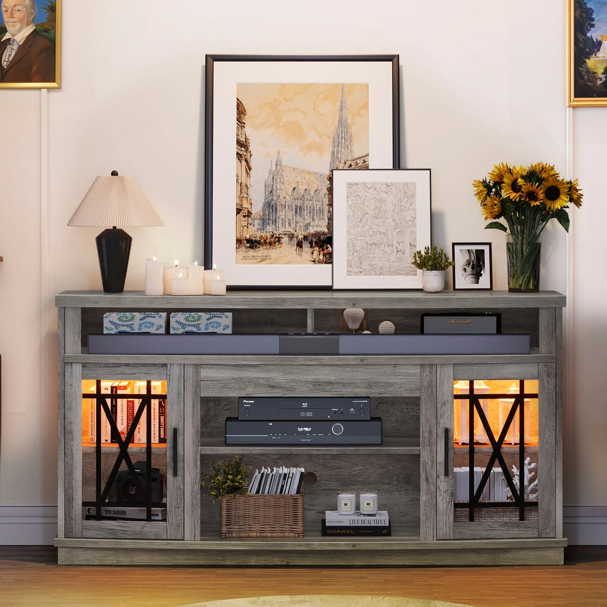 Dextrus TV Stand with LED Lights for TVs up to 70", Entertainment Center Media Console Cabinet with Glass Door, Rustic Gray