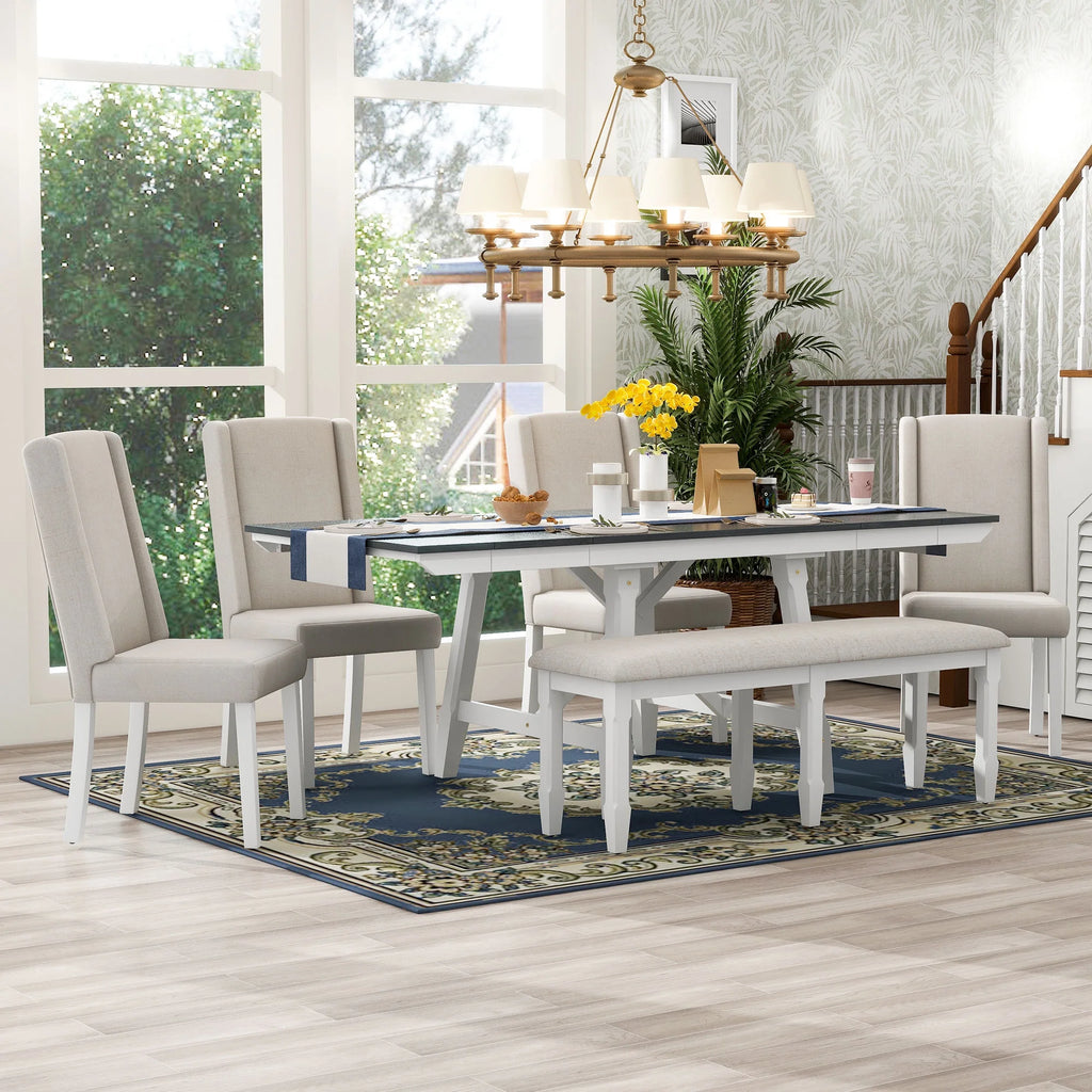 6 Piece Extendable Dining Table Set, Atumon Wood Dining Room Set for 6, Dining Table Set with 4 Beige Cushioned Chairs and Bench, Farmhouse Dining Table Set Furniture for Kitchen Dining Room, Natural