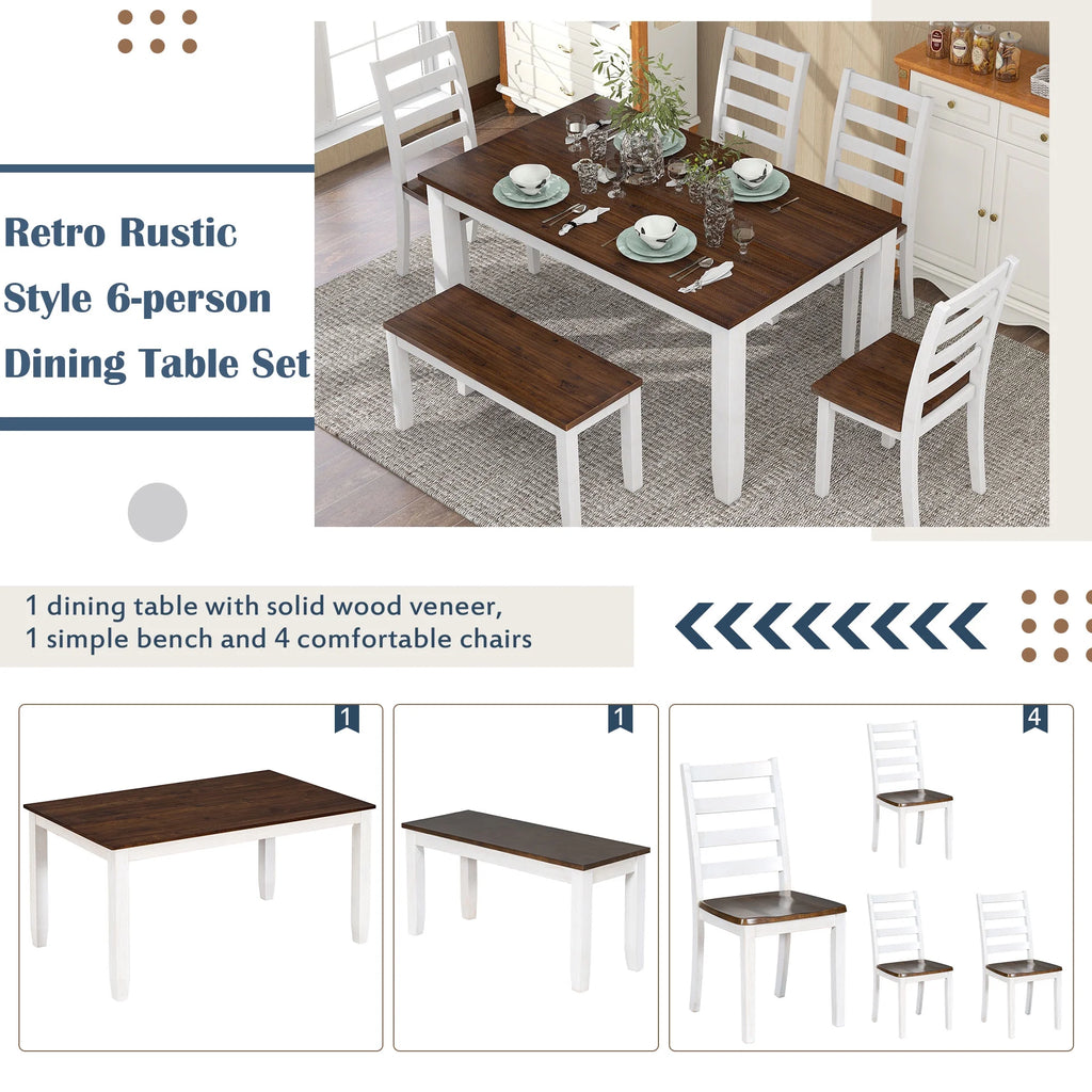Rustic Dining table Set for 6, Wooden Rectangular Kitchen Dining Table with 4 Upholstered Dining Chairs and 1 Padded Bench, Dining Set with 4 Chairs, Dining Set for 6, Brown+Whitewash