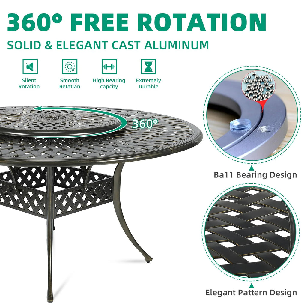 VIVIJASON 9-Piece Patio Dining Set, Rust-Free Cast Aluminum Outdoor Furniture Set, 8 Patio Dining Chairs and 61" Round Dining Table with 31" Lazy Susan, Umbrella Hole for Backyard, Patio, Garden