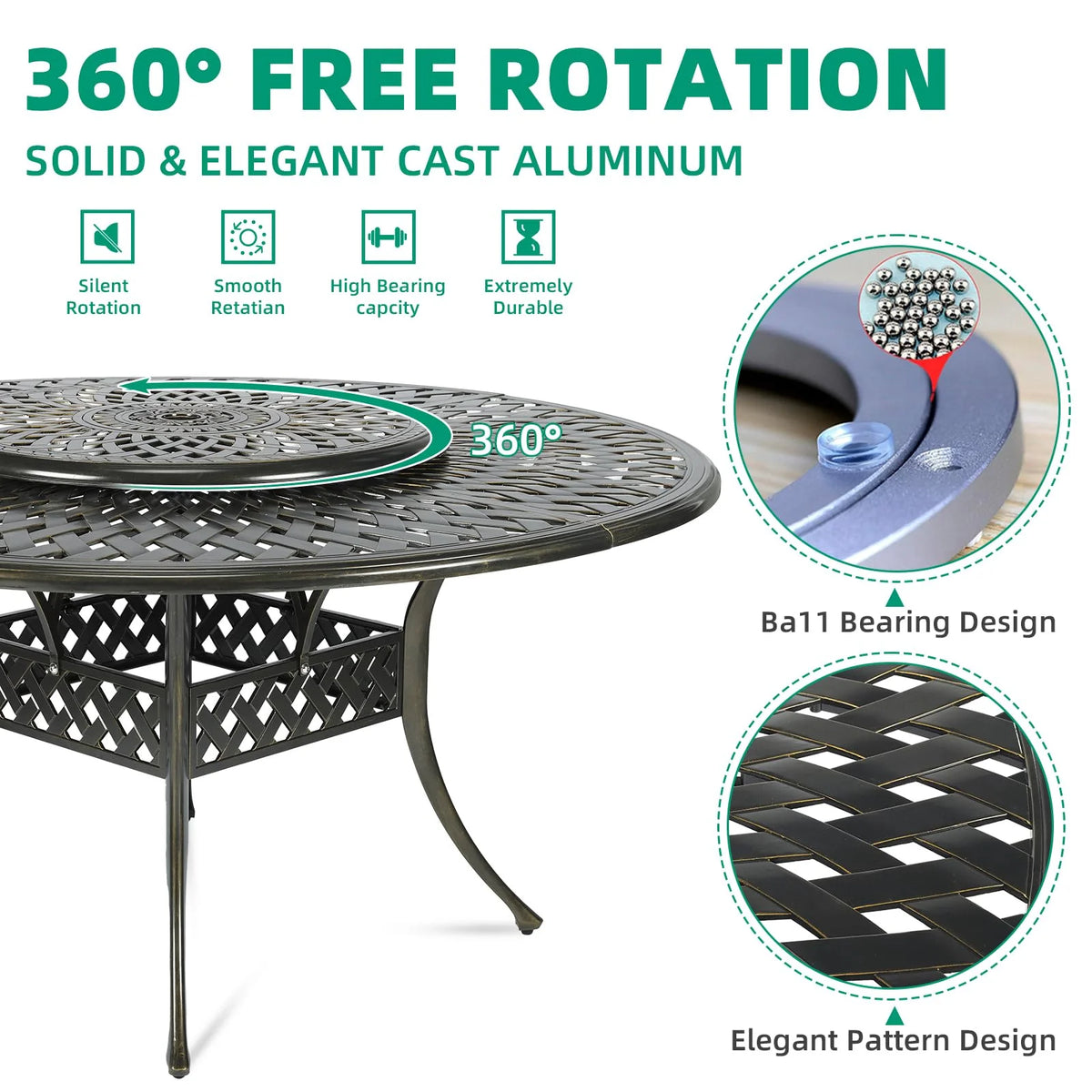 VIVIJASON 9-Piece Patio Dining Set, Rust-Free Cast Aluminum Outdoor Furniture Set, 8 Patio Dining Chairs and 61" Round Dining Table with 31" Lazy Susan, Umbrella Hole for Backyard, Patio, Garden