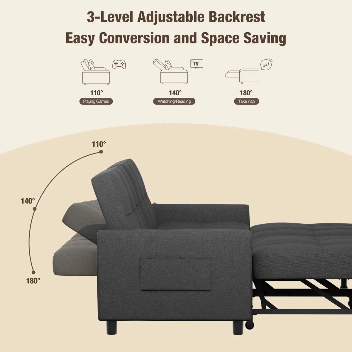 Sofa Bed, Lofka 3-in-1 Convertible Sleeper Sofa with Storage, Adjustable Backrest & Pull Out Function - Sleeper Chair for Small Space, Apartment, Dark Grey