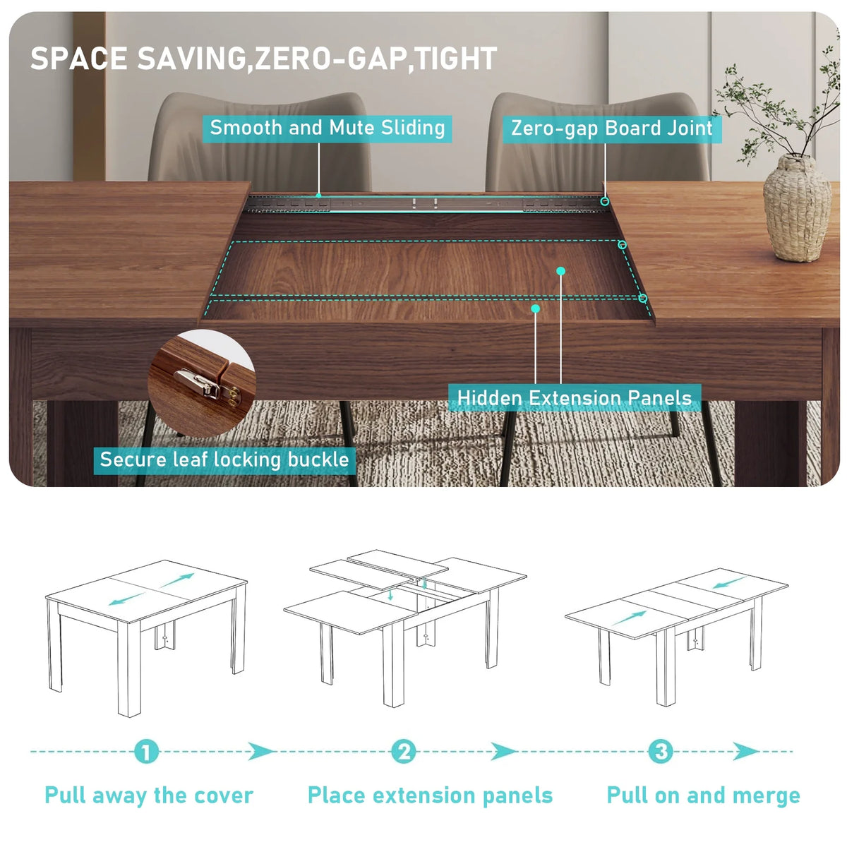 ChVans Large Mobile Extendable Dining Table for 6-8, Modern Wood Kitchen Table Rectangular Table for Dining Room, Living Room
