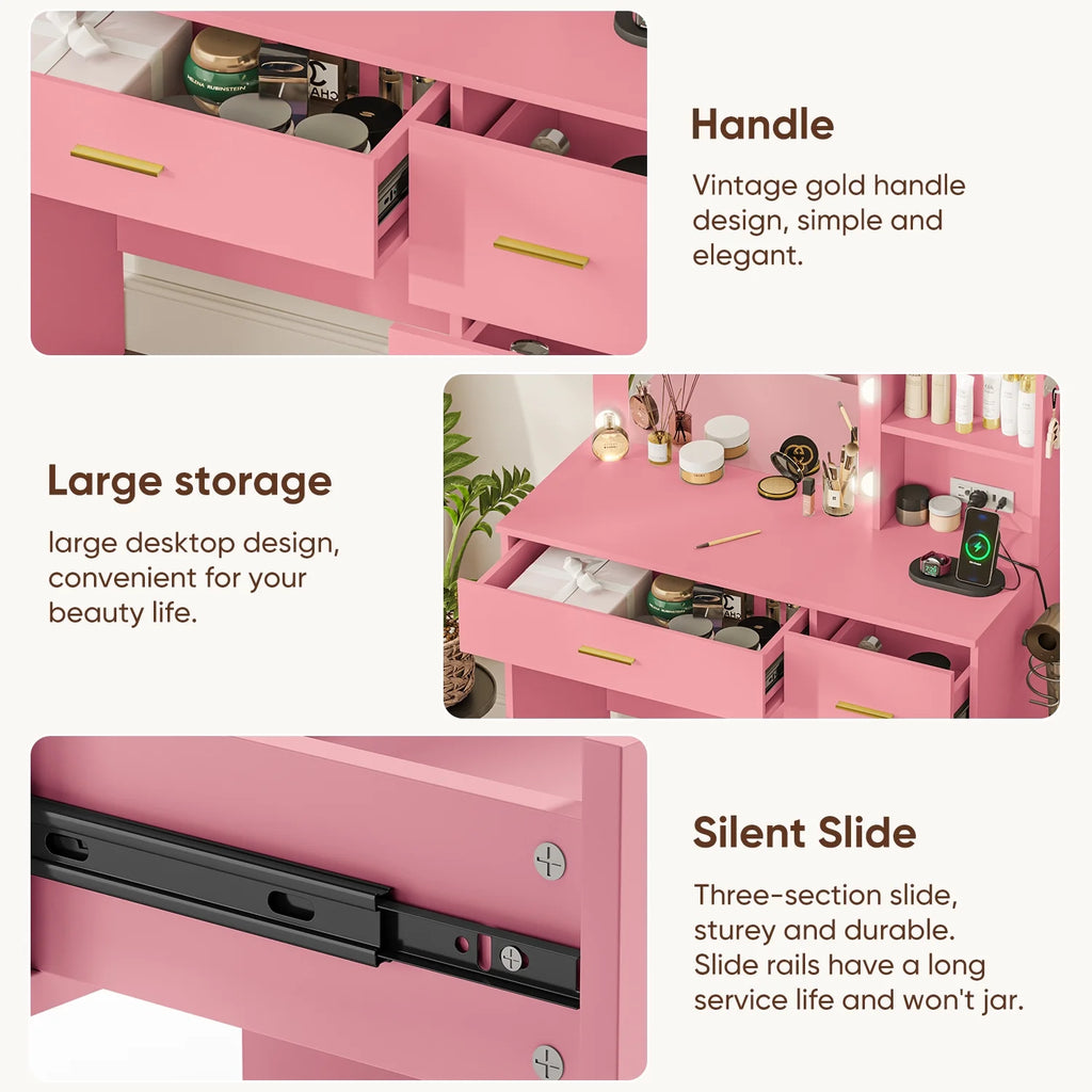 Cottinch Vanity Desk 3 Color Lighted Mirror,Makeup Dressing Table with 4 Drawers and Storage Shelves,2 Outlets,2 USB Ports,White