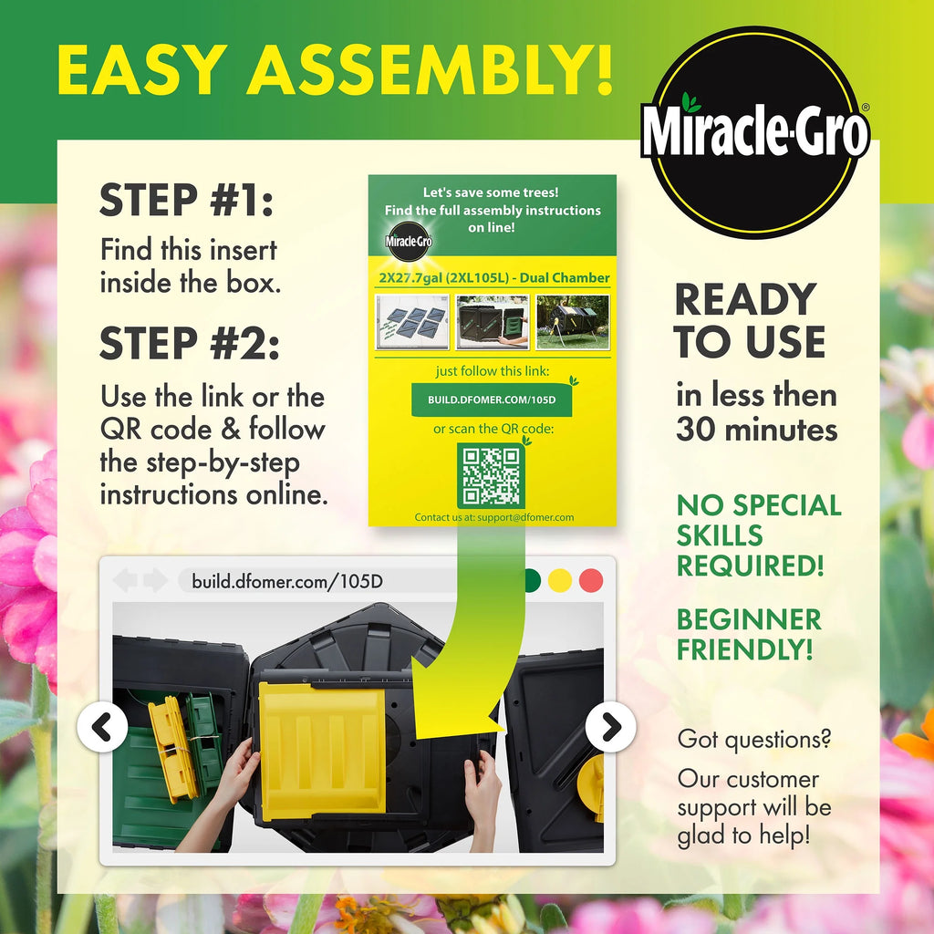 Miracle-Gro Large Dual Chamber Compost Tumbler Easy-Turn, Fast-Working System - All-Season, Heavy-Duty, High Volume Composter with 2 Sliding Doors - Gardening Gloves Included