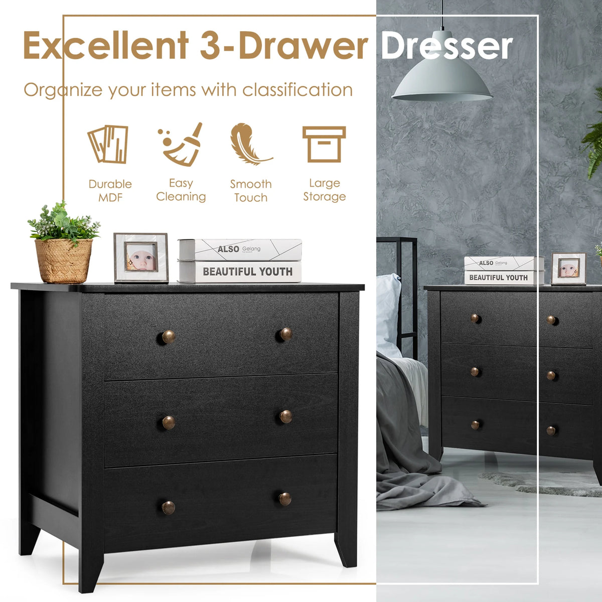 Gymax 3 Drawer Dresser Chest of Drawers Bedside Table for Living Room Bedroom Espresso