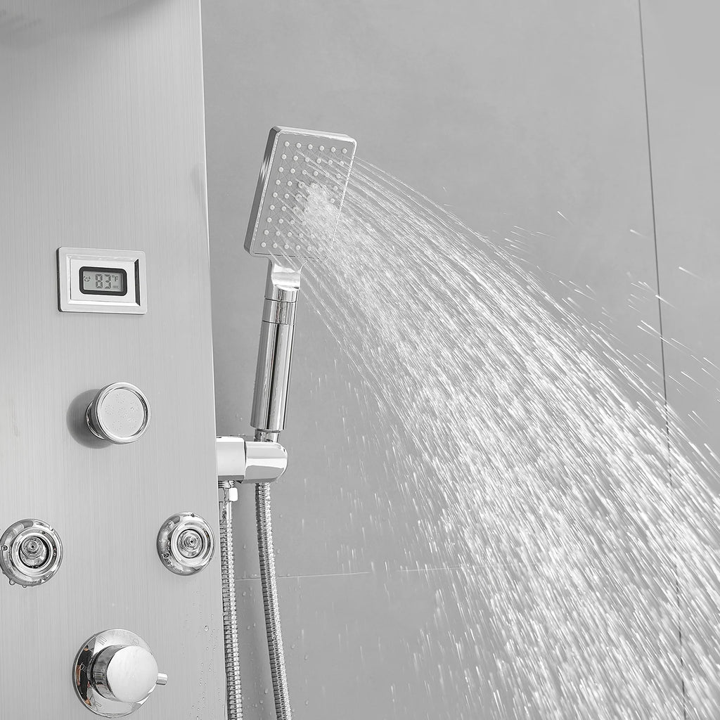 8-Jet Rainfall Shower Panel System with Rainfall Waterfall Shower Head and Shower Wand in chrome Nickel