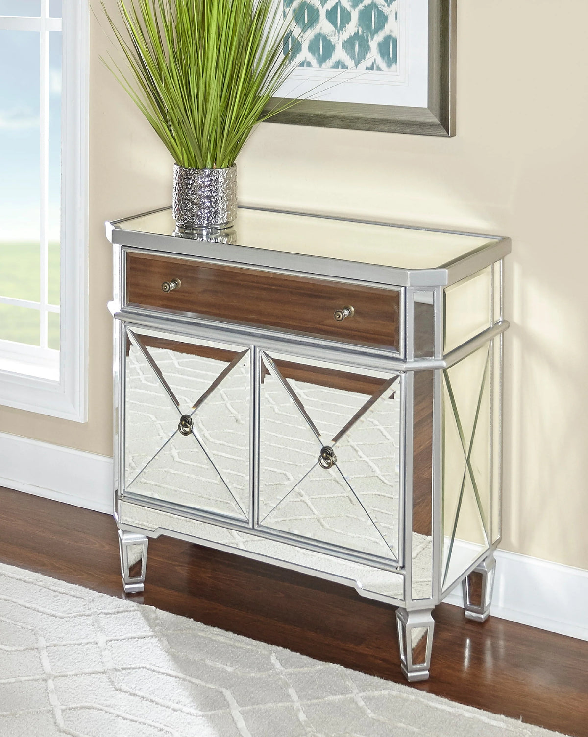 Powell Deville 2-Door Single Drawer Indoor Console Table with Shelves, Mirrored Surfaces and Luxe Silver Wood