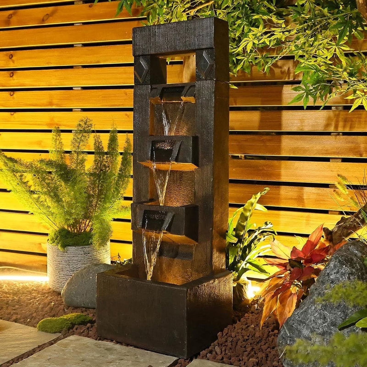 Outdoor Fountains and Indoor Waterfalls 4 Floor-Standing Water Fountain Outdoor with LED Lights for Garden, Living Room, Patio, Home Decor