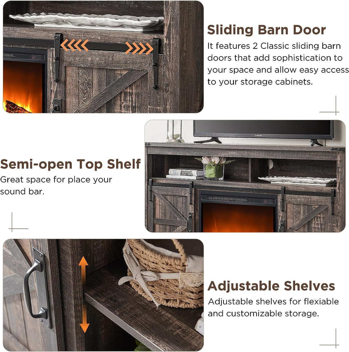 OKD Farmhouse Fireplace TV Stand up to 70", Entertainment Center with 23" Fireplace & Open Storage Shelves for Living Room, Antique White