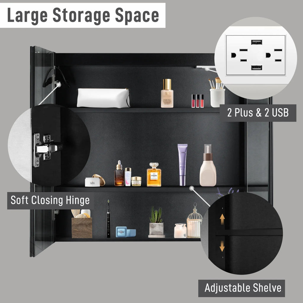 Ktaxon LED Lighted Medicine Cabinet with Mirror Bathroom Wall Cabinet w/ Defogger, Dimmable, Memory function, Outlets & USB, 32"x28", Black
