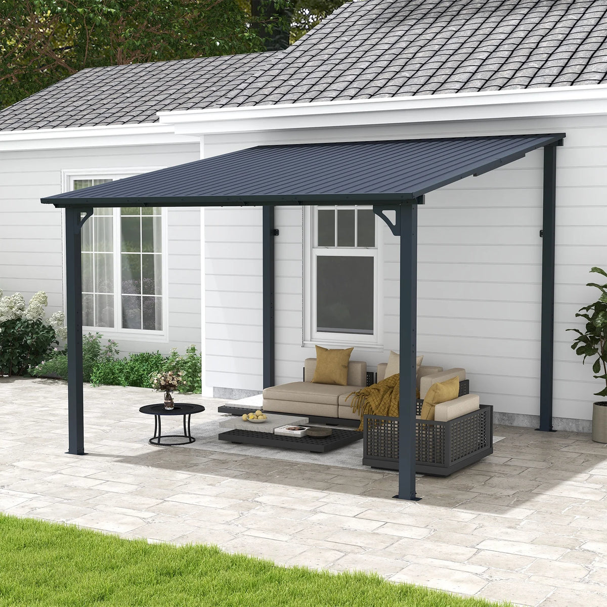 8' x 10' Outdoor Pergola Gazebo, Lean to Awnings Gazebos, Heavy Duty Hard Top Metal Pergola with Roof, for Patio, Backyard, Decks, Poolside