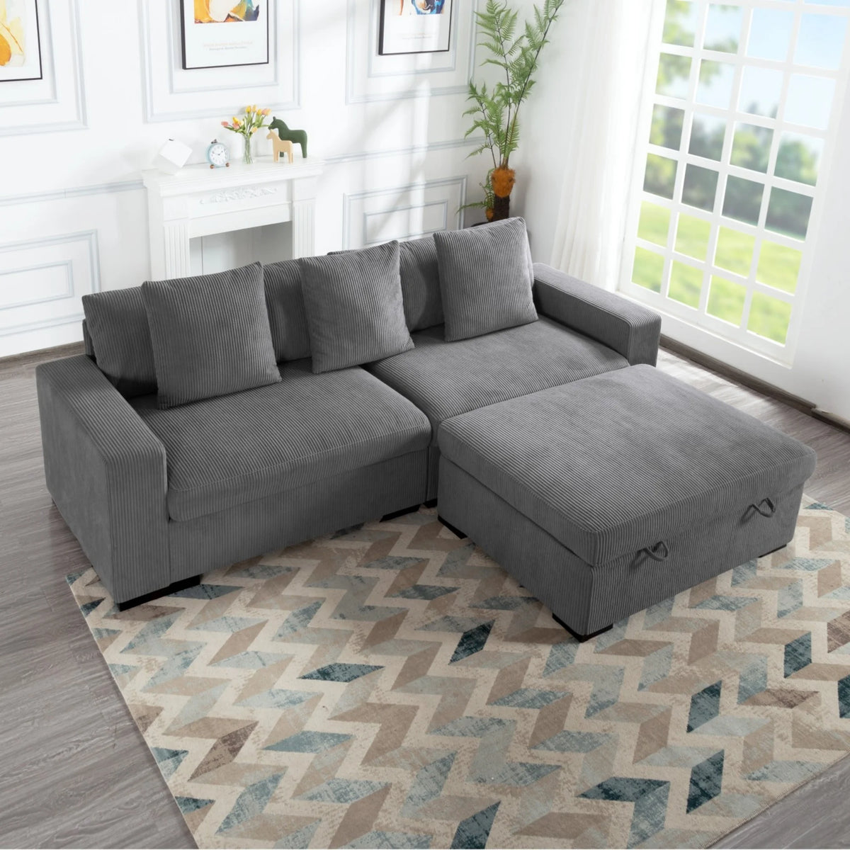 Gewnee 103.5-Inch Modular Corduroy Sofa Set with Solid Wood Legs, High-Density Foam, Suitable for Living Room/Bedroom/Office
