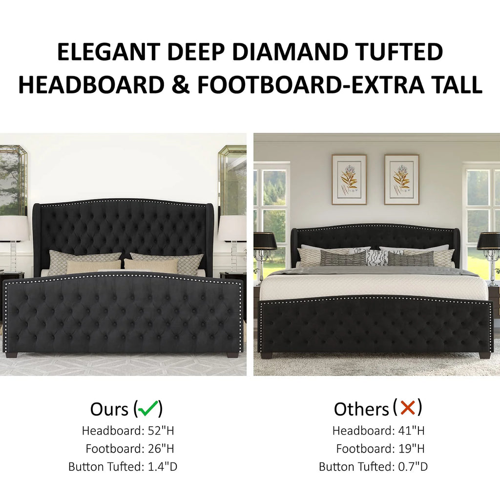 VANACC Queen Size Bed Frame, Velvet Upholstered Bed with Deep Button Tufted Wingback Headboard��Grey
