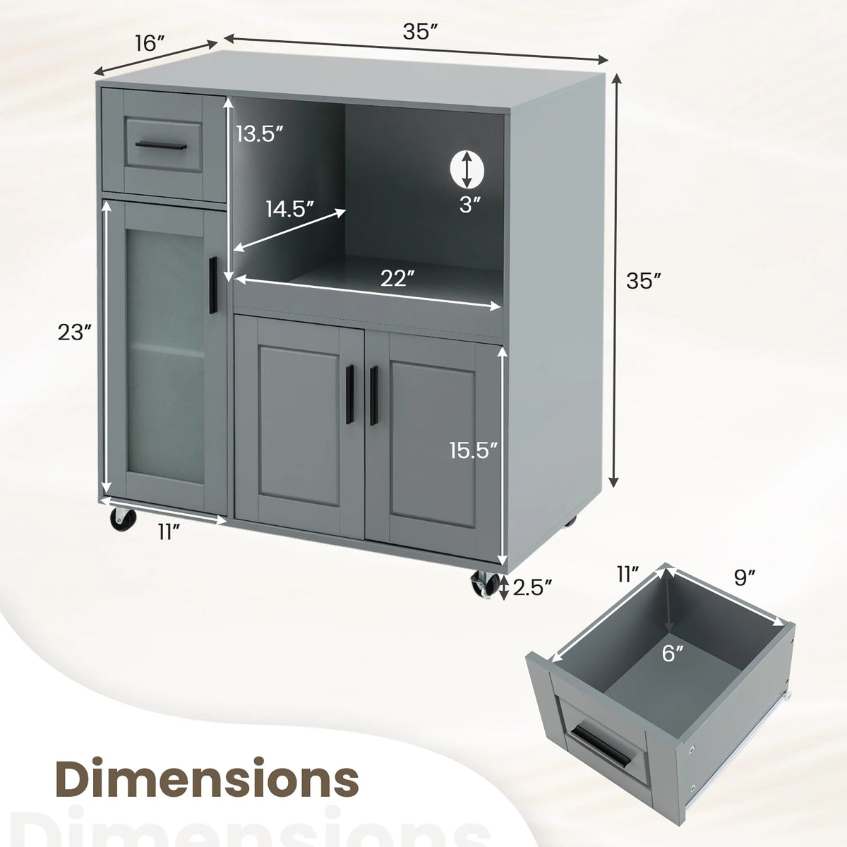 Gymax Kitchen Island Cart on Wheels Microwave Cabinet w/ Frosted Tempered Glass Door