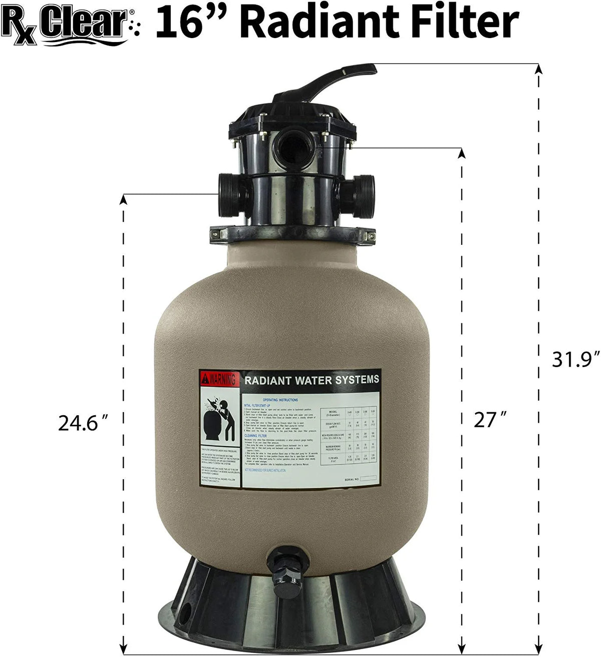 Rx Clear Radiant 22" Sand Filter with 6 Position Valve for Above-ground Swimming Pools